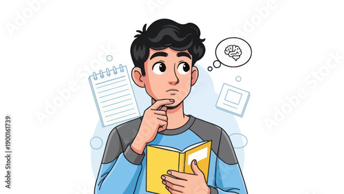 Young man thinking with thought bubble book notepad isolated vector