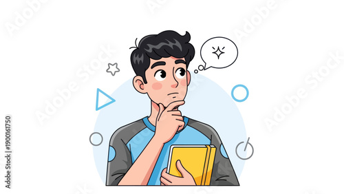 Young man thinking with thought bubble cartoon illustration isolated
