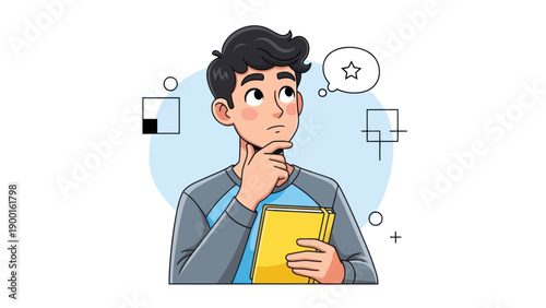 Young man thinking with thought bubble cartoon vector illustration