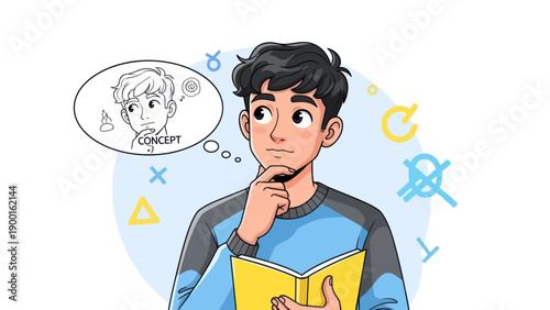 Young man thinking with thought bubble concept illustration on white