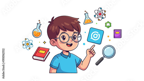 Young scientist exploring science concepts with laboratory elements