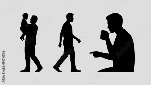 a captivating silhouette depicts four figures a father holding his child a walking man and two individuals in thoughtful poses symbolizing life s journey high quality
