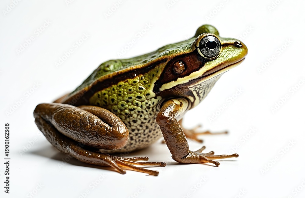 Fototapeta premium Green frog with brown stripes sits on white background. Amphibian has large bulging eyes and textured skin. Its webbed feet are visible and ready to hop.