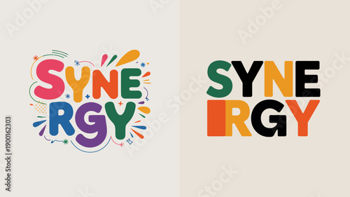 a split screen displays the word synergy in vibrant colors showcasing a playful design on the left and a bold one on the right high quality