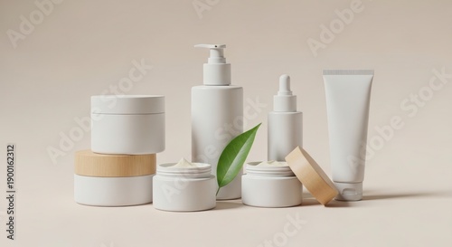 Assorted white cosmetic products with green leaf on beige background for skincare and beauty concepts