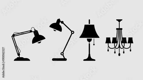 a minimalistic illustration showcases a collection of distinct lighting fixtures including desk lamps a table lamp and an ornate chandelier in black silhouettes high quality professional