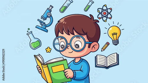 Young scientist reading and exploring educational concepts illustration