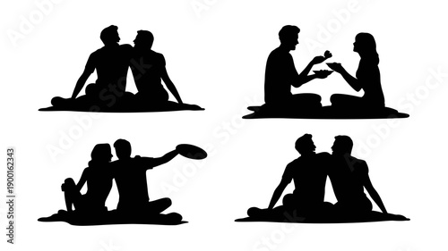 a collection of silhouettes depicting people enjoying outdoor activities such as picnics playing frisbee and relaxing together in pairs high quality professional detailed modern elegant stylish