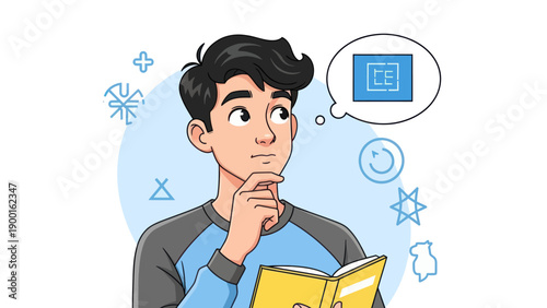 Young man thinking with thought bubble containing symbols and icons