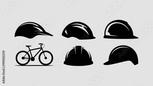 a minimalistic depiction showcases several black silhouettes of helmets and a bicycle against a light gray backdrop highlighting safety equipment high quality professional detailed modern elegant
