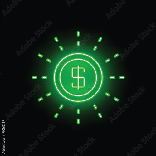Green neon sign of a shining dollar coin on a black background, perfect for illustrating concepts of online business and making money