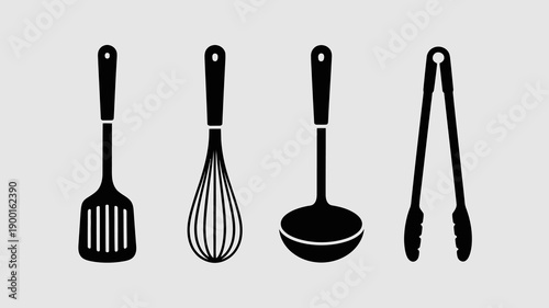 A minimalistic depiction showcasing four essential kitchen utensils arranged in a row a spatula a whisk a ladle and tongs all in black silhouettes high quality