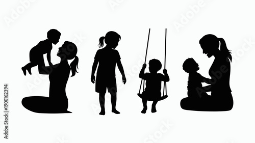 a silhouette depiction of a family showing a mother interacting with her children including embracing swinging and playing together high quality professional detailed modern elegant stylish