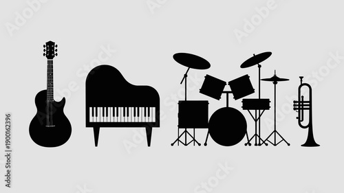 a collection of musical instruments represented in black silhouettes includes a guitar piano drum kit and two brass instruments high quality professional detailed modern elegant stylish