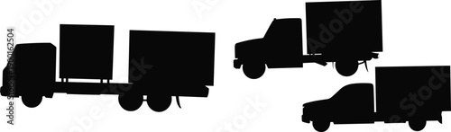 Black silhouette delivery trucks and cargo vehicles isolated on white background, logistics transportation concept for freight shipping, supply chain management, distribution industry