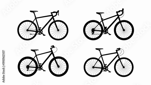 A minimalist illustration showcases four silhouetted bicycles depicting various angles and styles of road and mountain bike designs high quality professional detailed modern elegant stylish clean