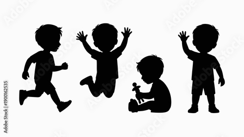 a black silhouette illustration depicts four small children in different poses representing stages of growth and playful activities high quality professional detailed modern elegant stylish clean