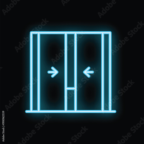 Neon icon of elevator doors opening and closing, glowing blue on a black background