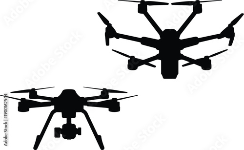 Black silhouette quadcopter and hexacopter drones isolated on white background, unmanned aerial technology concept for surveillance, photography, aviation industry, and modern drone design