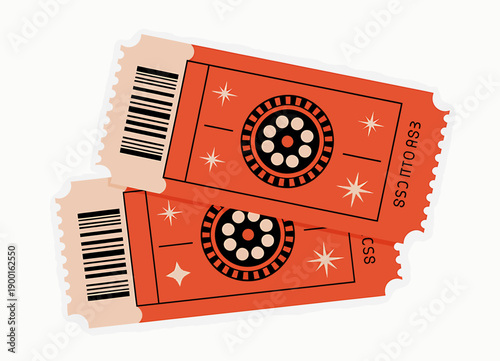 Red movie tickets with barcode and film reel design on white background