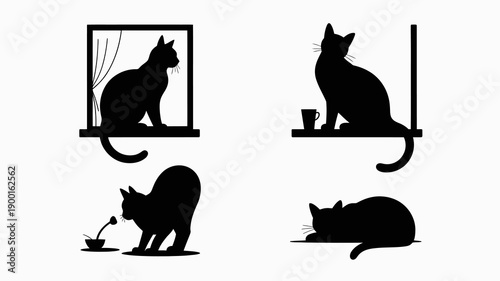 a minimalist illustration depicts several black cat silhouettes in various poses including one peering through a window and one relaxing high quality professional detailed modern elegant