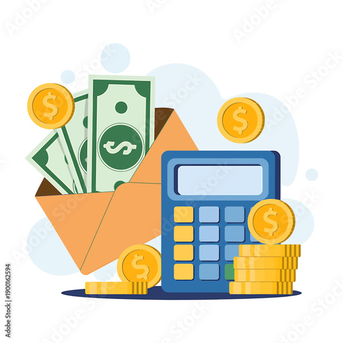 Calculator with money envelope dollars coins on white background