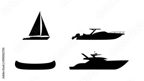 a minimalist depiction showcases silhouettes of various watercraft including a sailboat a motorboat a canoe and a large yacht all in black high quality professional detailed