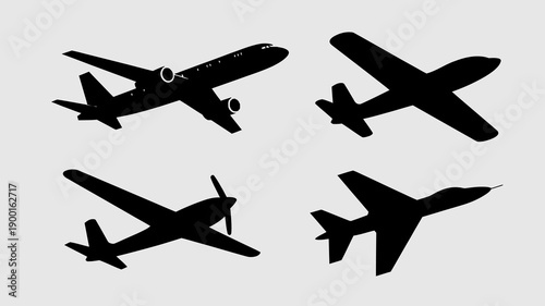 a collection of four distinct black silhouettes depicting various types of aircraft in a minimalist graphic design style high quality professional detailed modern elegant stylish clean