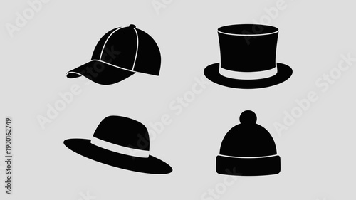 a minimalist depiction showcases four distinct silhouettes of hats including a baseball cap top hat fedora and beanie all in black high quality professional detailed modern