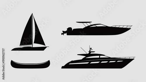 a minimalist depiction showcases a black silhouette of a sailboat a motorboat a kayak and a luxury yacht all against a white background high quality professional