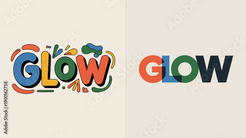 a visual comparison showcasing two distinct typographic designs for the word glow one ornate and colorful the other modern and bold high quality professional detailed elegant