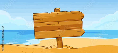 Cartoon wooden sign on sandy beach by blue ocean and sky with clouds