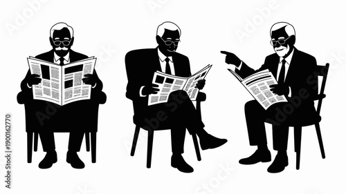 three silhouetted figures of older men are depicted one reading a newspaper another pointing and the third also reading high quality professional detailed modern elegant stylish