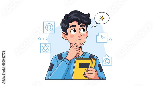Young man thinking with thought bubble holds book vector illustration