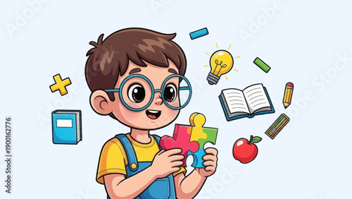 Young student assembling puzzle with education and learning elements