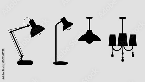 A minimalist depiction showcases four distinct lamp silhouettes in black offering a simple visual study of lighting fixtures and design high quality professional detailed modern elegant