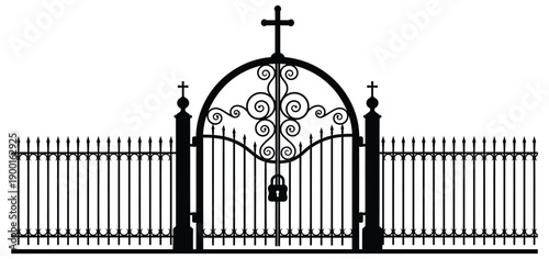 Ornate metal gate with cross and lock on white background