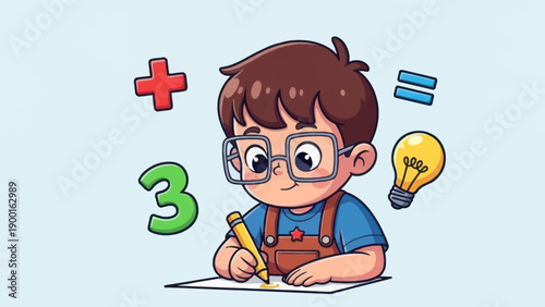 Young student doing math with symbols and a lightbulb on bright background