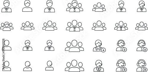 User Profile and Team Line Art Icon Set with People Avatars Groups Support and Business Roles