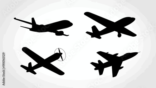 a collection of dark silhouettes depicting various aircraft in flight against a plain white background showcasing different airplane designs high quality professional detailed modern elegant stylish