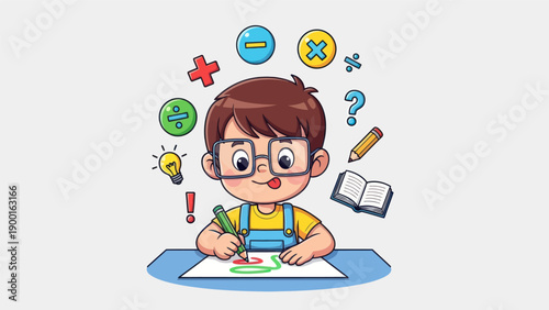 Young student drawing math symbols with floating icons and open book