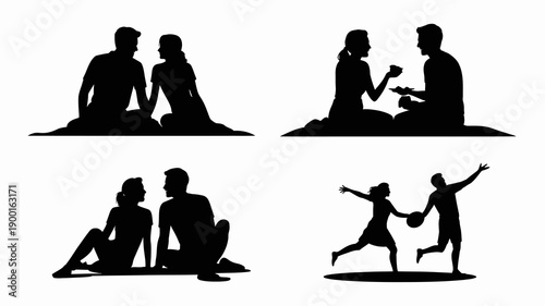 a collection of silhouetted figures depicting various scenes of people enjoying leisure activities such as picnics and playful interactions outdoors high quality professional detailed modern elegant