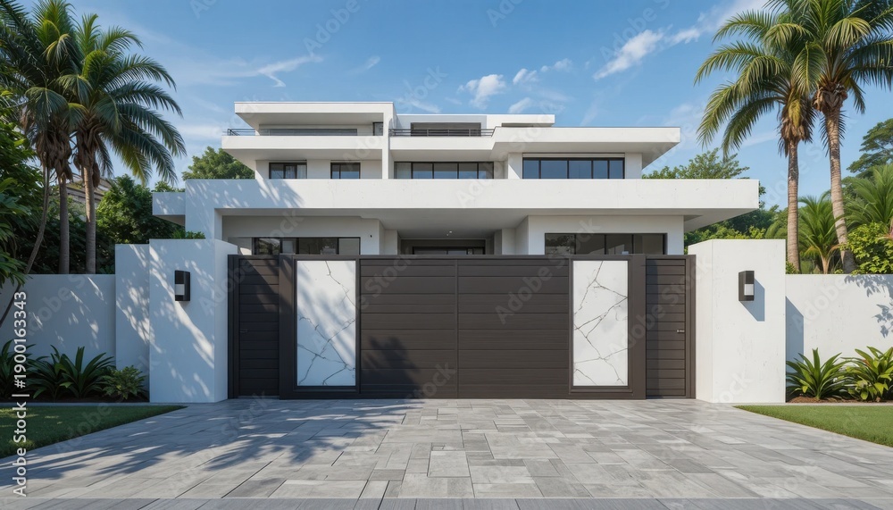 Fototapeta premium Modern House With Large Windows and Palm Trees on a Sunny Day in a Quiet Neighborhood