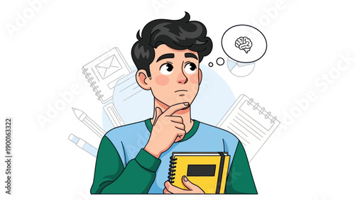 Young man thinking with thought bubble illustrating ideas and concepts