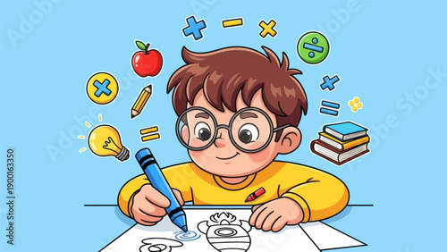 Young student drawing with crayon surrounded by education and math symbols