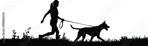 Woman walking dog silhouette on leash in park grass, outdoor exercise and companionship concept for pet care, healthy lifestyle, nature activity illustration