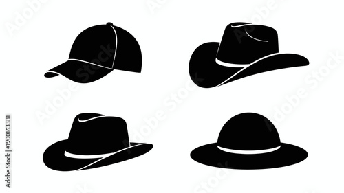 a minimalist illustration showcases four distinct black hat silhouettes a baseball cap cowboy hat fedora and bowler hat all presented on a white background high quality