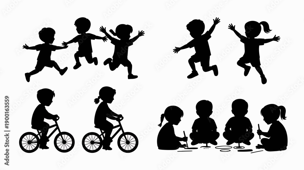 Obraz premium a collection of black silhouettes depicting children enjoying various playful activities such as jumping riding bicycles and sitting together high quality professional detailed modern elegant stylish