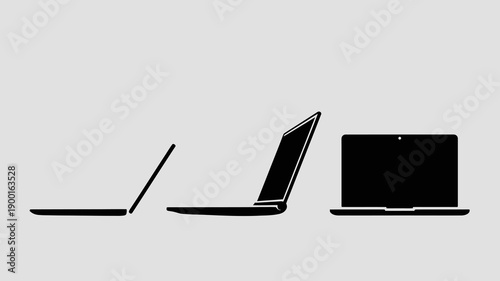 a minimalist depiction of three laptop computers in varying degrees of openness against a plain light gray background high quality professional detailed modern elegant stylish clean