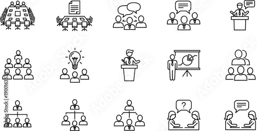 Business Meeting and Presentation Line Icon Set with Conference Discussion Teamwork and Corporate Communication Symbols